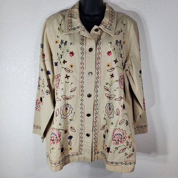 Denim & Co. Womens Beige Embroidered Button Shirt Jacket 1X Floral Long Sleeve - Picture 10 of 14
